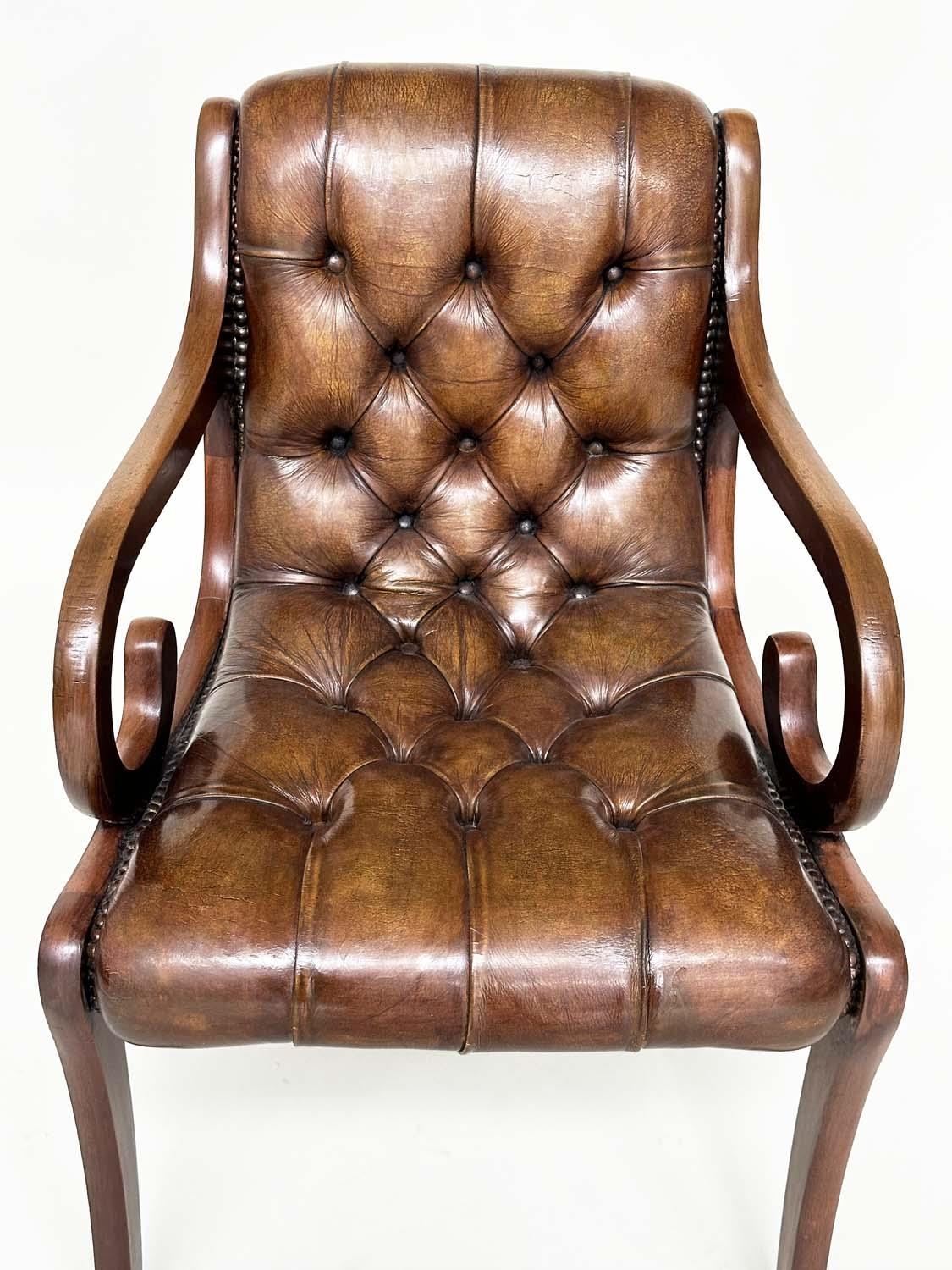 LIBRARY ARMCHAIRS, a pair, Georgian style buttoned soft natural antique brown leather upholstered - Image 7 of 9