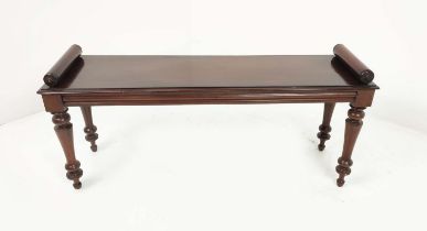 HALL BENCH, Victorian mahogany with bolster ends, 48cm H x 110cm W x 32cm D.