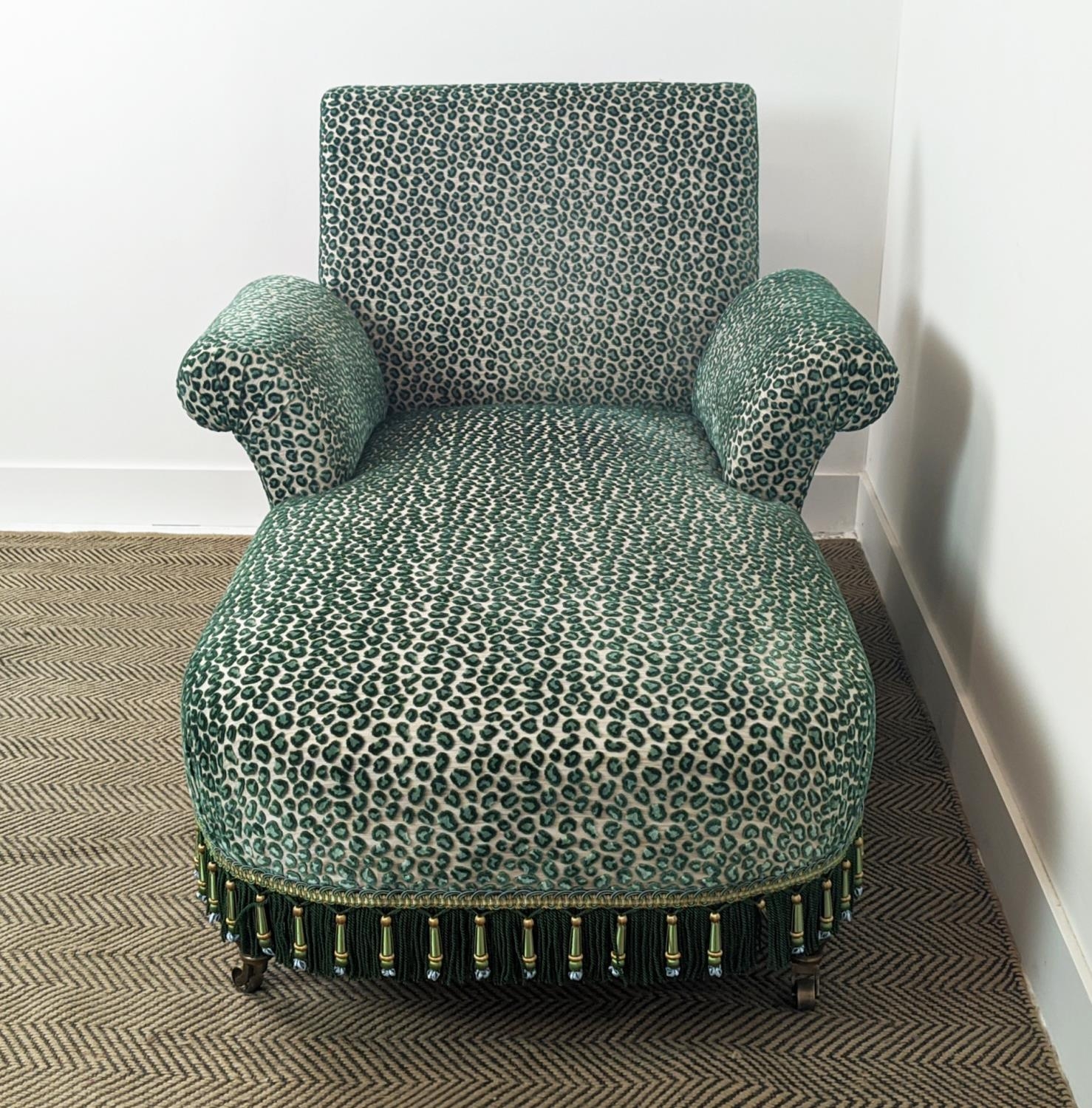 GEORGE SMITH BUTTERFLY CHAISE, leopard print cut velvet upholstery with bullion fringe, raised on - Image 3 of 6