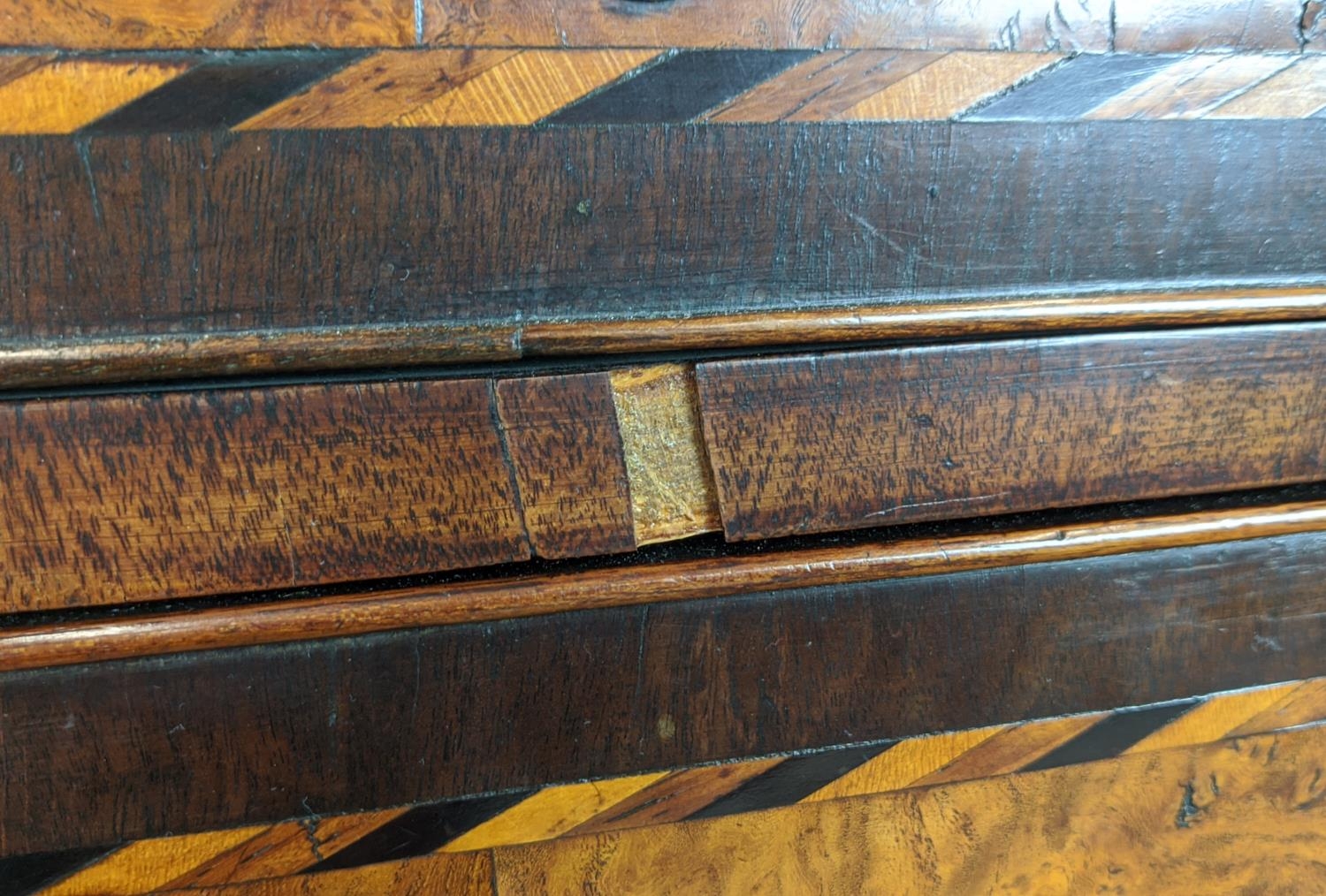 CHEST ON CHEST, George II burr elm and mahogany, circa 1750, with barber pole inlay and eight - Image 10 of 11