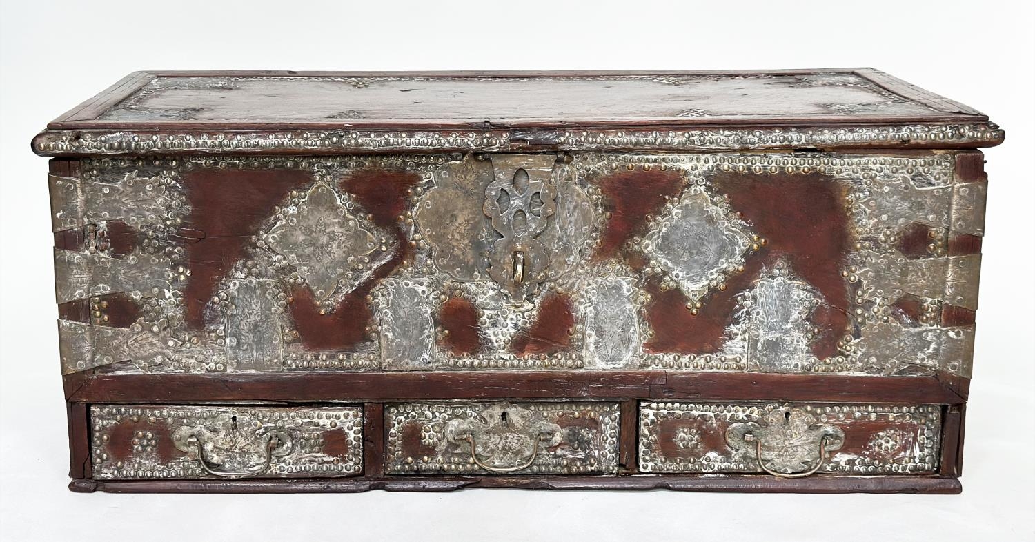 ZANZIBAR CHEST, 19th century North African brass bound and decorated with rising lid and three