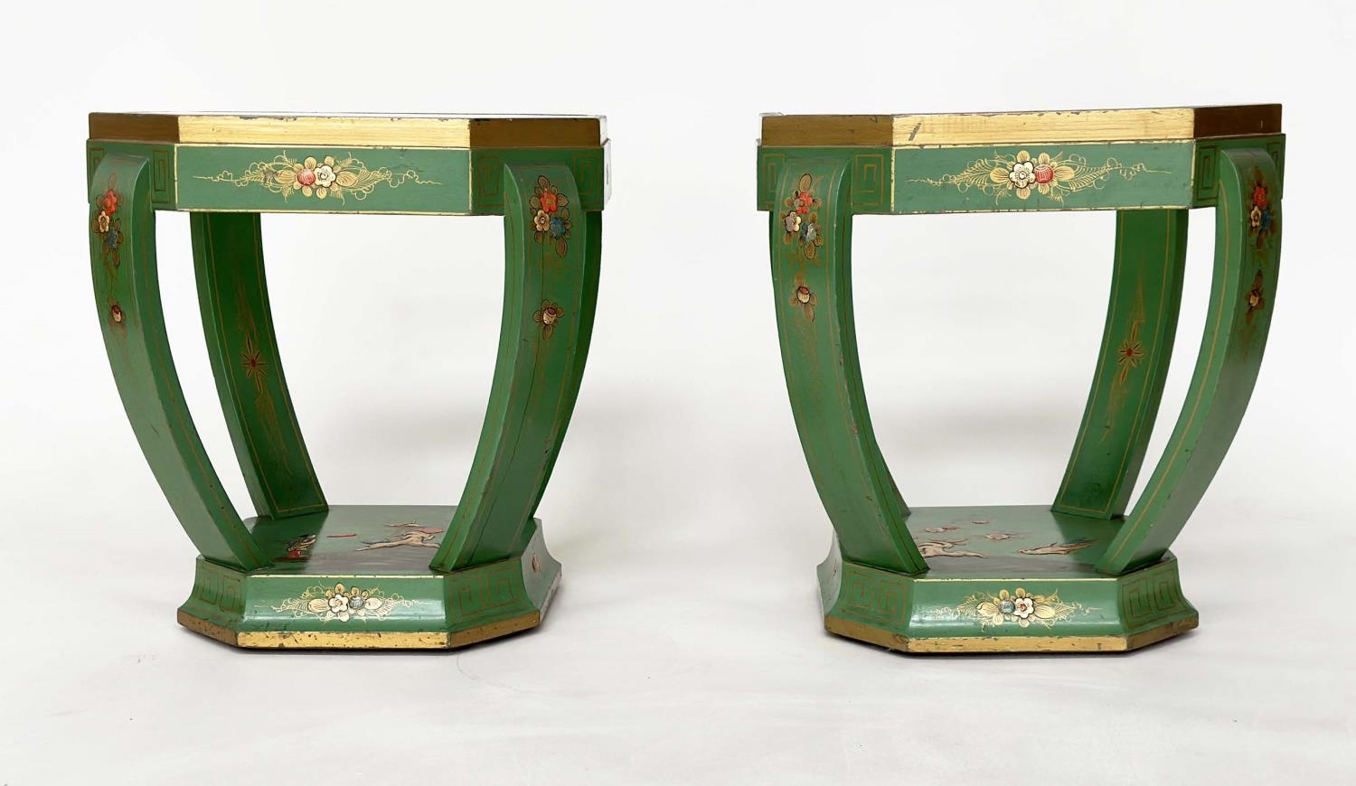 OCCASIONAL TABLES, a pair, Art Deco period green polychrome and gilt Chinoiserie decorated each - Image 2 of 12