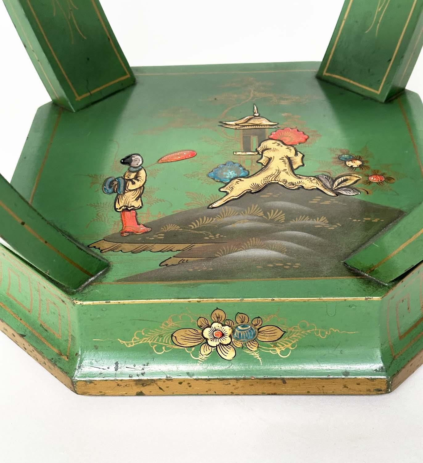 OCCASIONAL TABLES, a pair, Art Deco period green polychrome and gilt Chinoiserie decorated each - Image 10 of 12