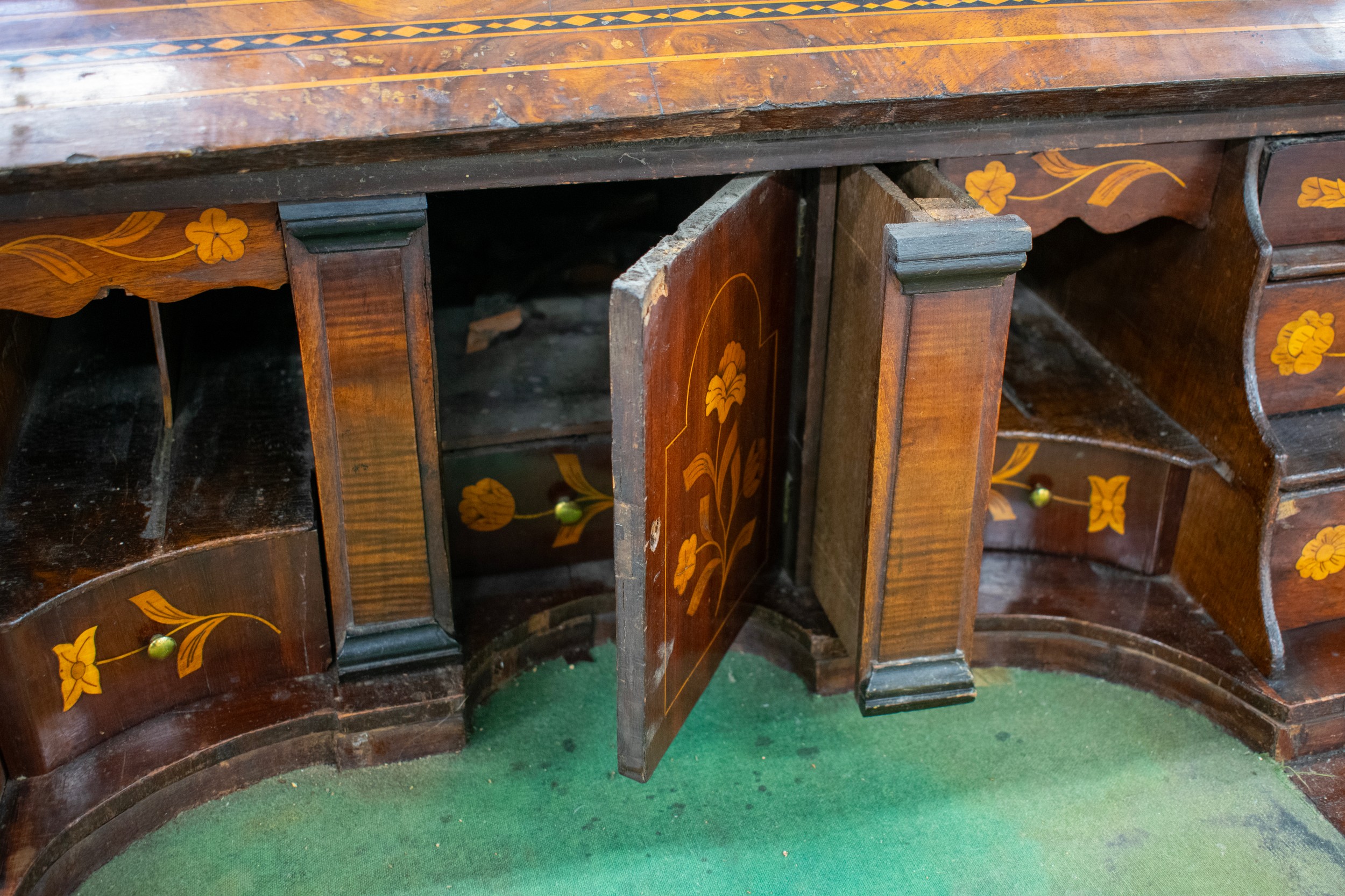 BOMBE CYLINDER BUREAU, 18th century Dutch walnut and marquetry with fall, fitted interior and pull - Image 9 of 10