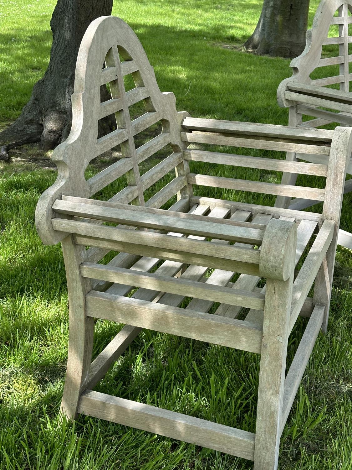 LUTYENS STYLE GARDEN ARMCHAIRS, a pair, well weathered teak, 103cm H x 90cm W, together with a - Image 5 of 8