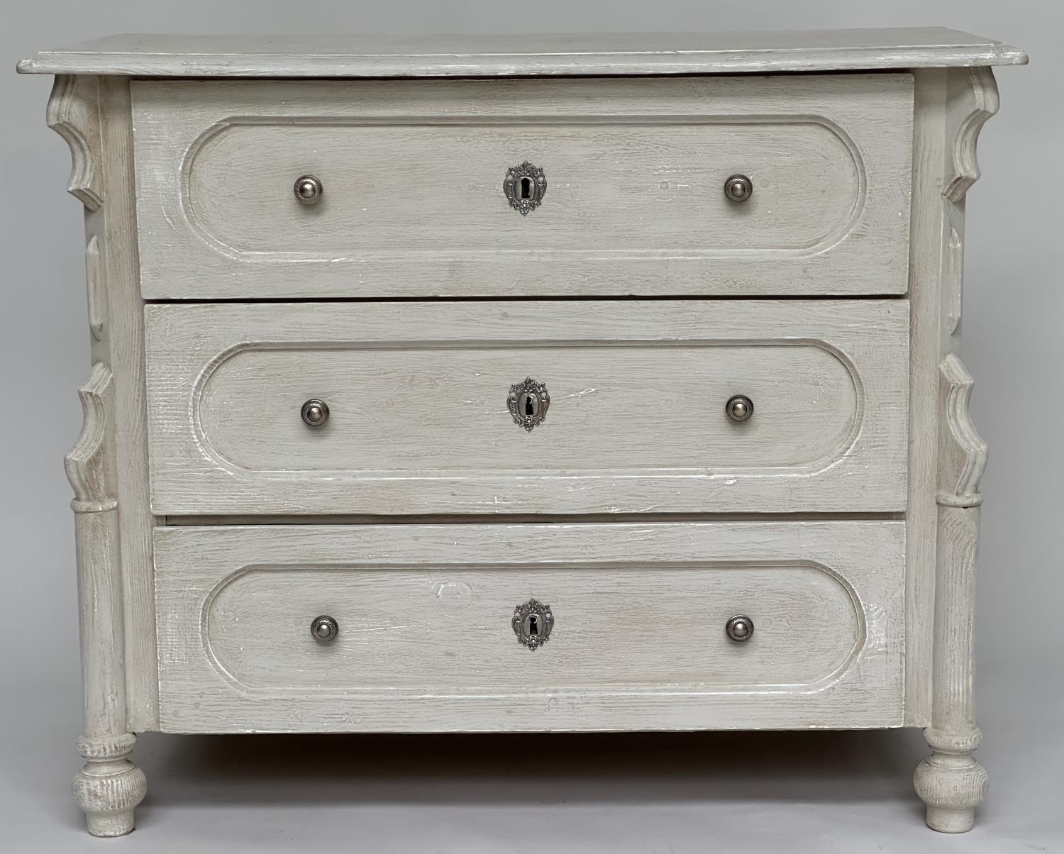 COMMODE, 19th century French traditionally grey painted with three long drawers and turned supports, - Image 2 of 10