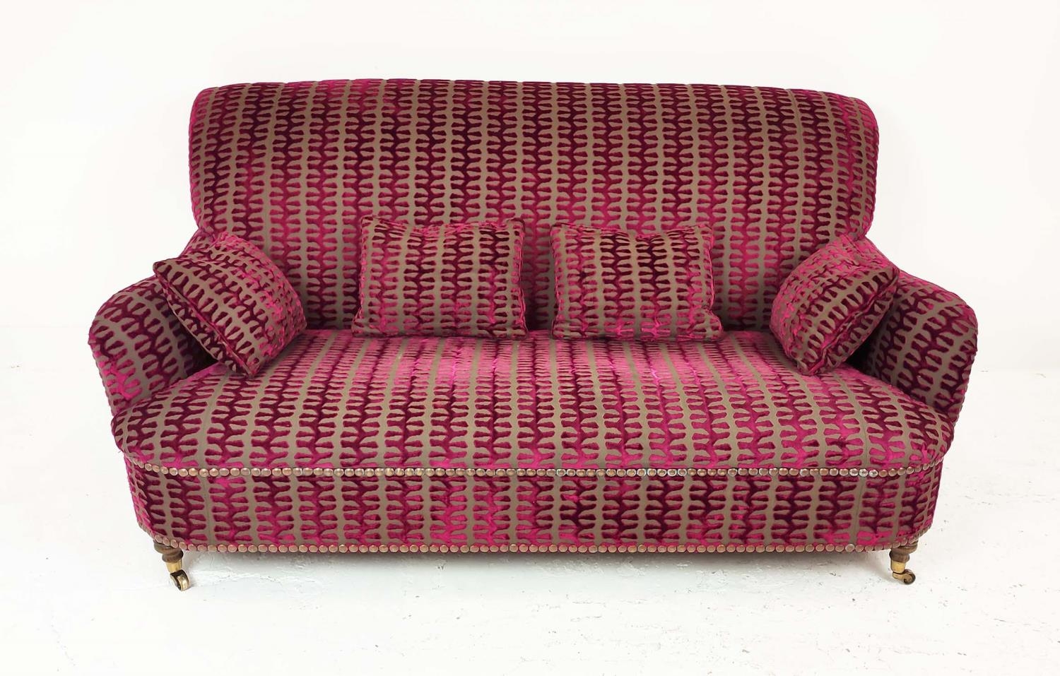 SOFA, Victorian design, studded fuchsia cut velvet upholstery with turned front supports and - Image 7 of 7