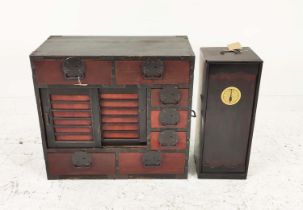 JAPANESE TANSU SIGNATURE CABINET, 19th century along with a tower of red lacquer trays, 76cm L x