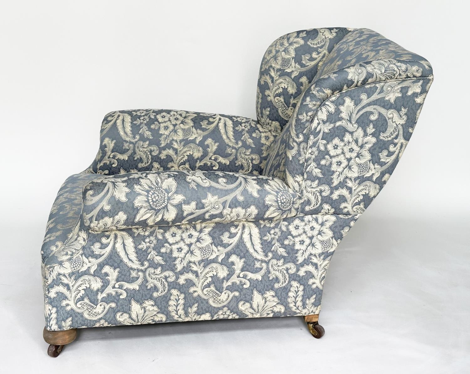 WING ARMCHAIR, Victorian Howard style with blue and white pleated upholstery on bun supports, 87cm H - Image 6 of 7