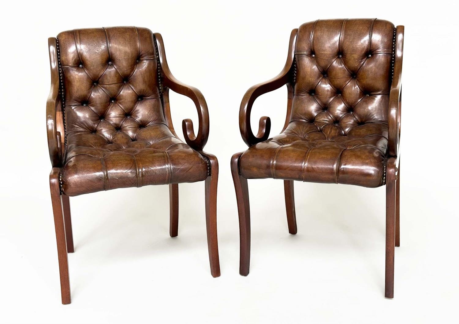 LIBRARY ARMCHAIRS, a pair, Georgian style buttoned soft natural antique brown leather upholstered - Image 3 of 9