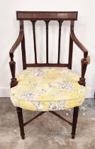 OPEN ARMCHAIR, late George III mahogany, with carved and fluted frame with bird design upholstery,
