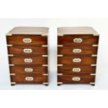 CAMPAIGN CHESTS, a pair, vintage teak and brass bound each with five drawers, 38cm x 38cm x 53cm