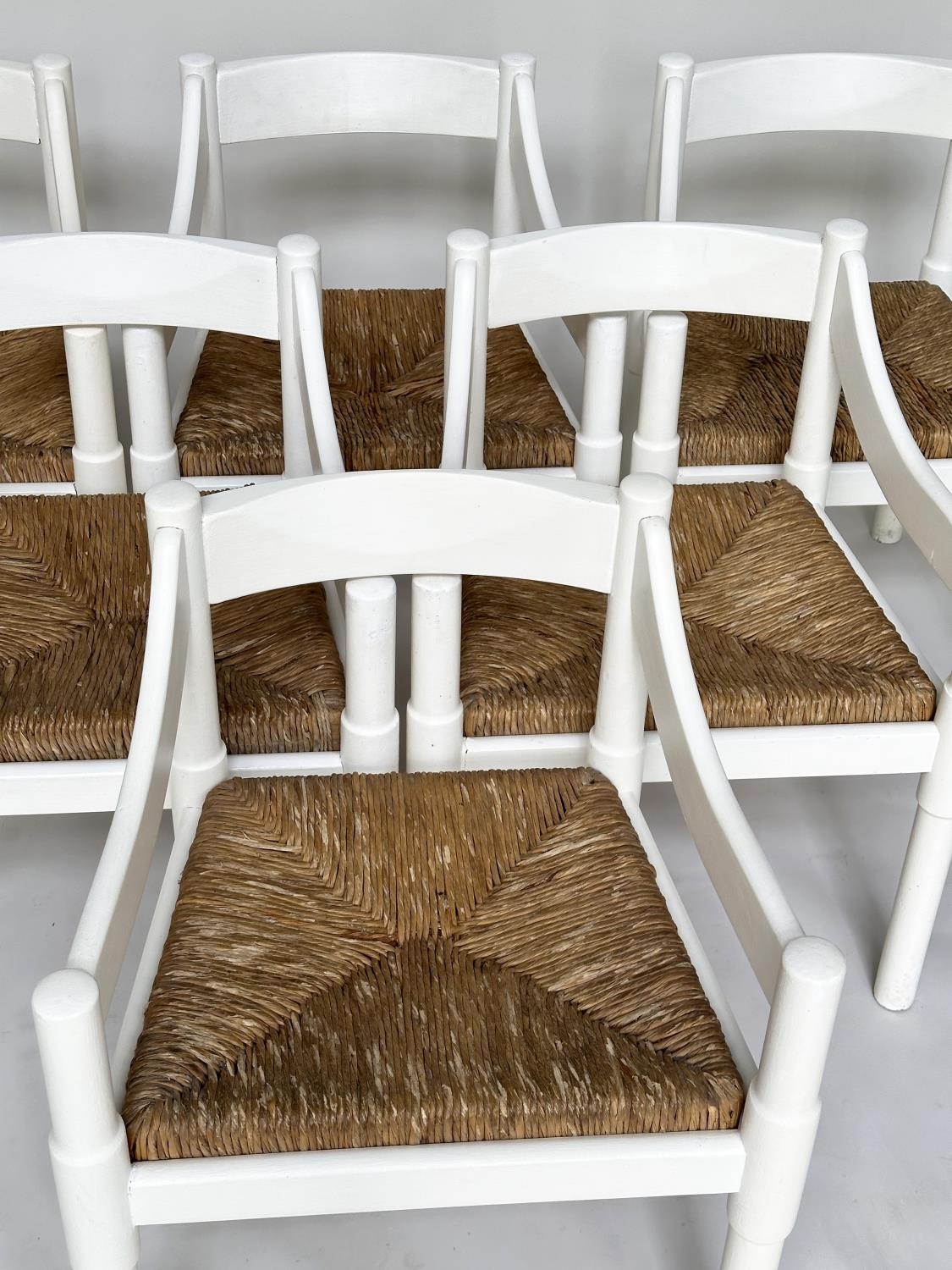 ATTRIBUTED TO VICO MAGISTRETTI CARIMATE CHAIRS, a set of six, white with rush seats. (6) - Image 4 of 13