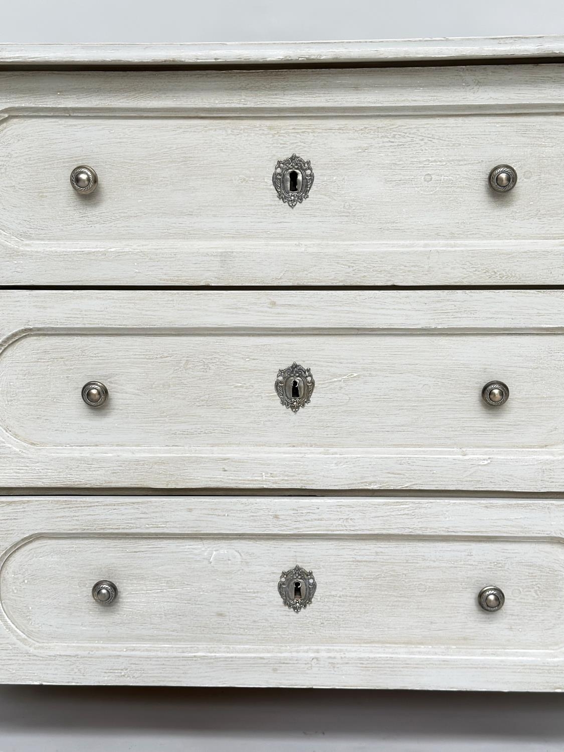 COMMODE, 19th century French traditionally grey painted with three long drawers and turned supports, - Image 4 of 10