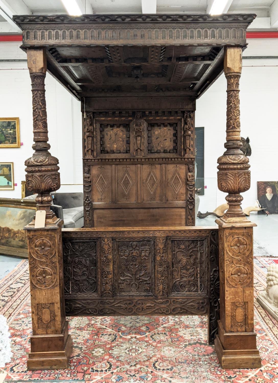 TESTER BED, 17th century oak, holly and fruitwood inlaid, carved panelled rectangular canopy above a - Image 11 of 11