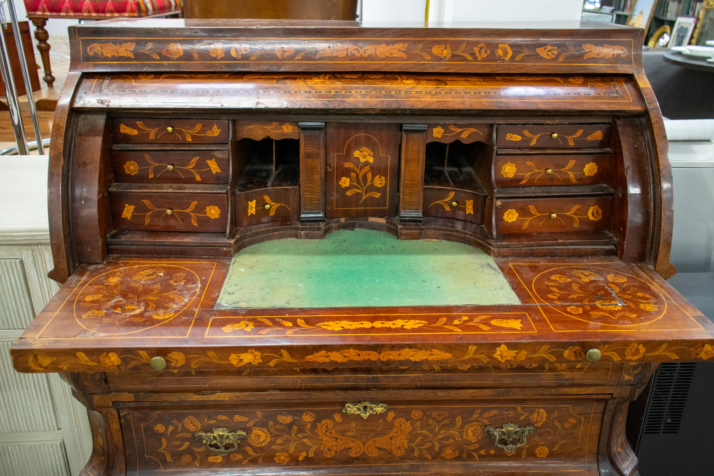 BOMBE CYLINDER BUREAU, 18th century Dutch walnut and marquetry with fall, fitted interior and pull - Image 8 of 10