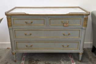 COMMODE, Directoire design, grey painted and brass mounted with marble top over four drawers, 89cm H