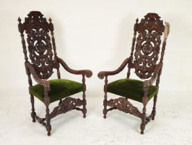 HIGHBACK ARMCHAIRS, a pair, Victorian oak with green plush upholstered seats, 142cm H x 72cm. (2)