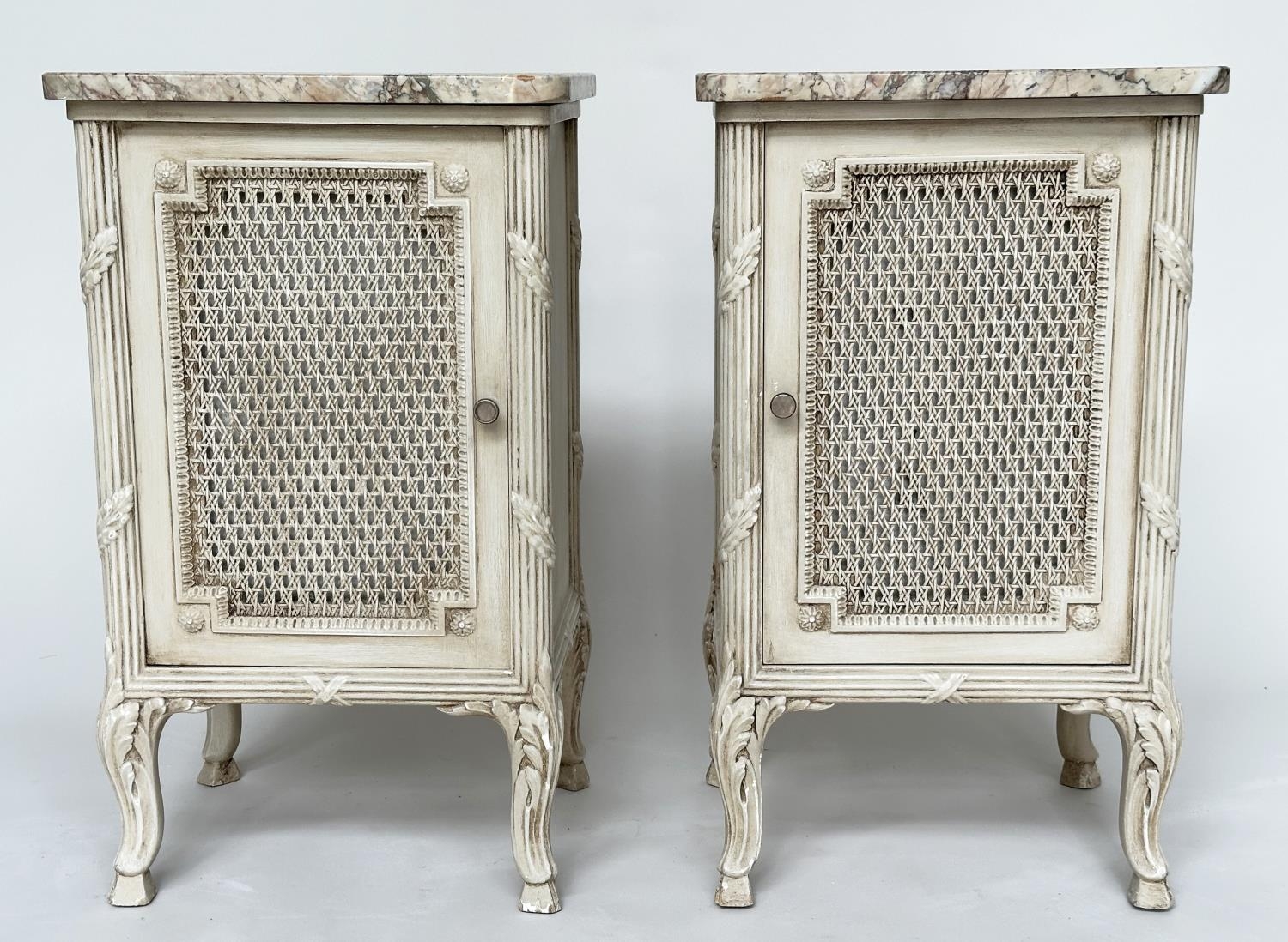 TABLES DE NUIT, a pair, French traditional style grey painted, each with cane panelled door, - Image 2 of 9