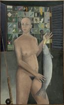 MICHAEL ROSCHLAU (German b.1942), 'Catch' 1981, oil on canvas, 173cm x 104cm, framed.