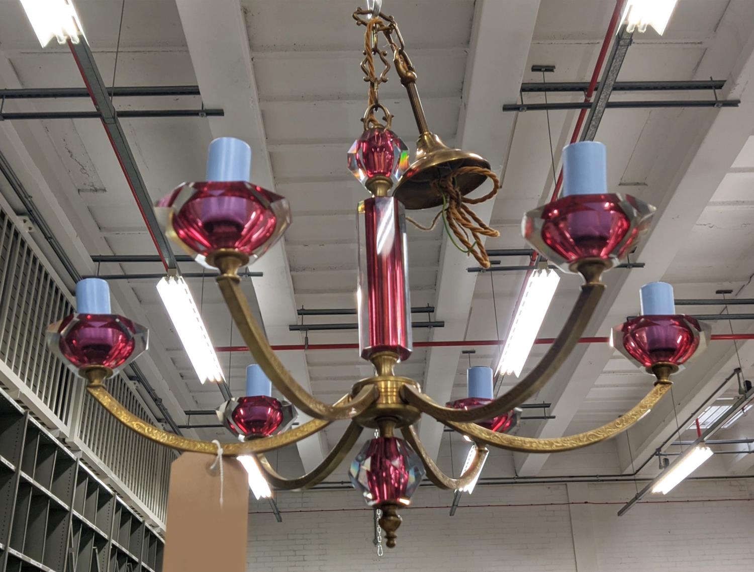 MURANO GLASS CHANDELIER, vintage mid 20th century Cranberry Mazzucato cut glass prisms, 75cm drop - Image 3 of 6