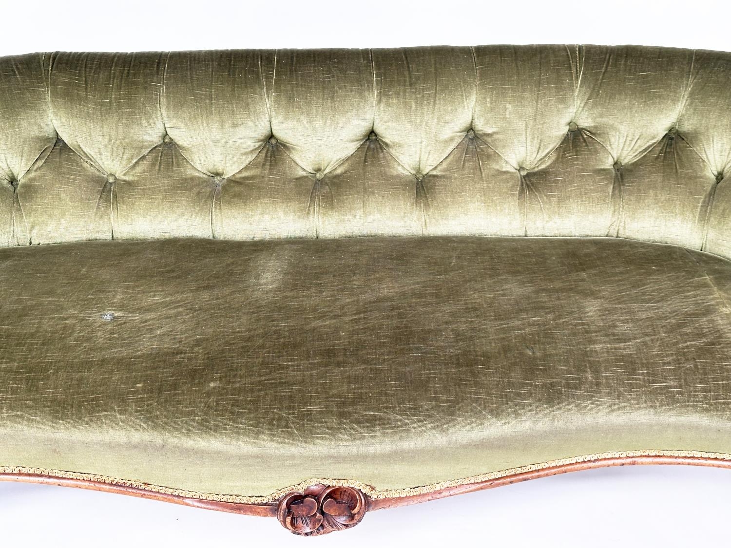 SOFA, Victorian walnut with deep button green velvet upholstery, and carved supports, 198cm W. - Image 5 of 7