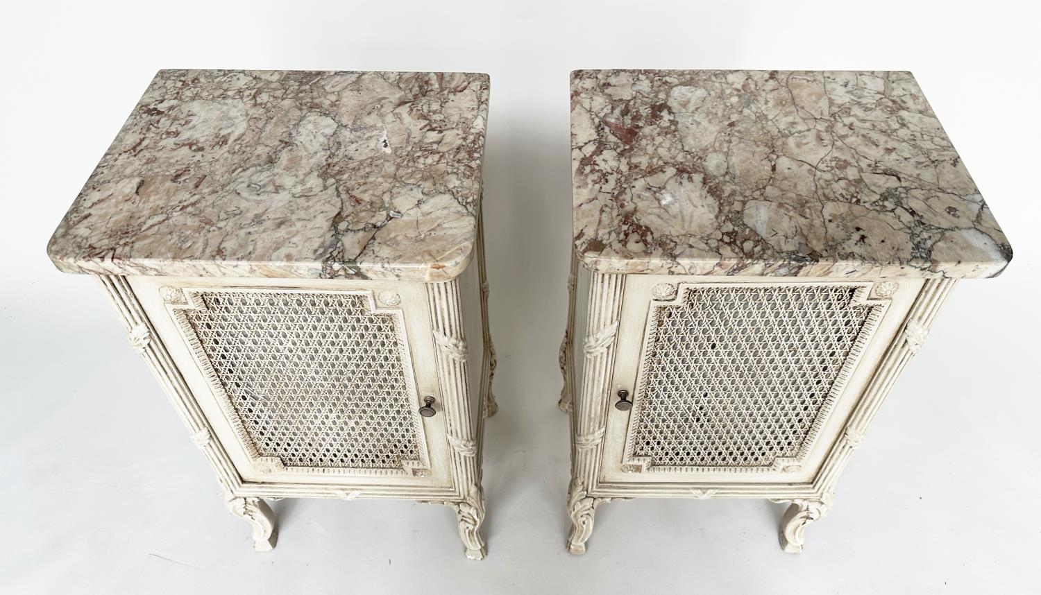 TABLES DE NUIT, a pair, French traditional style grey painted, each with cane panelled door, - Image 6 of 9