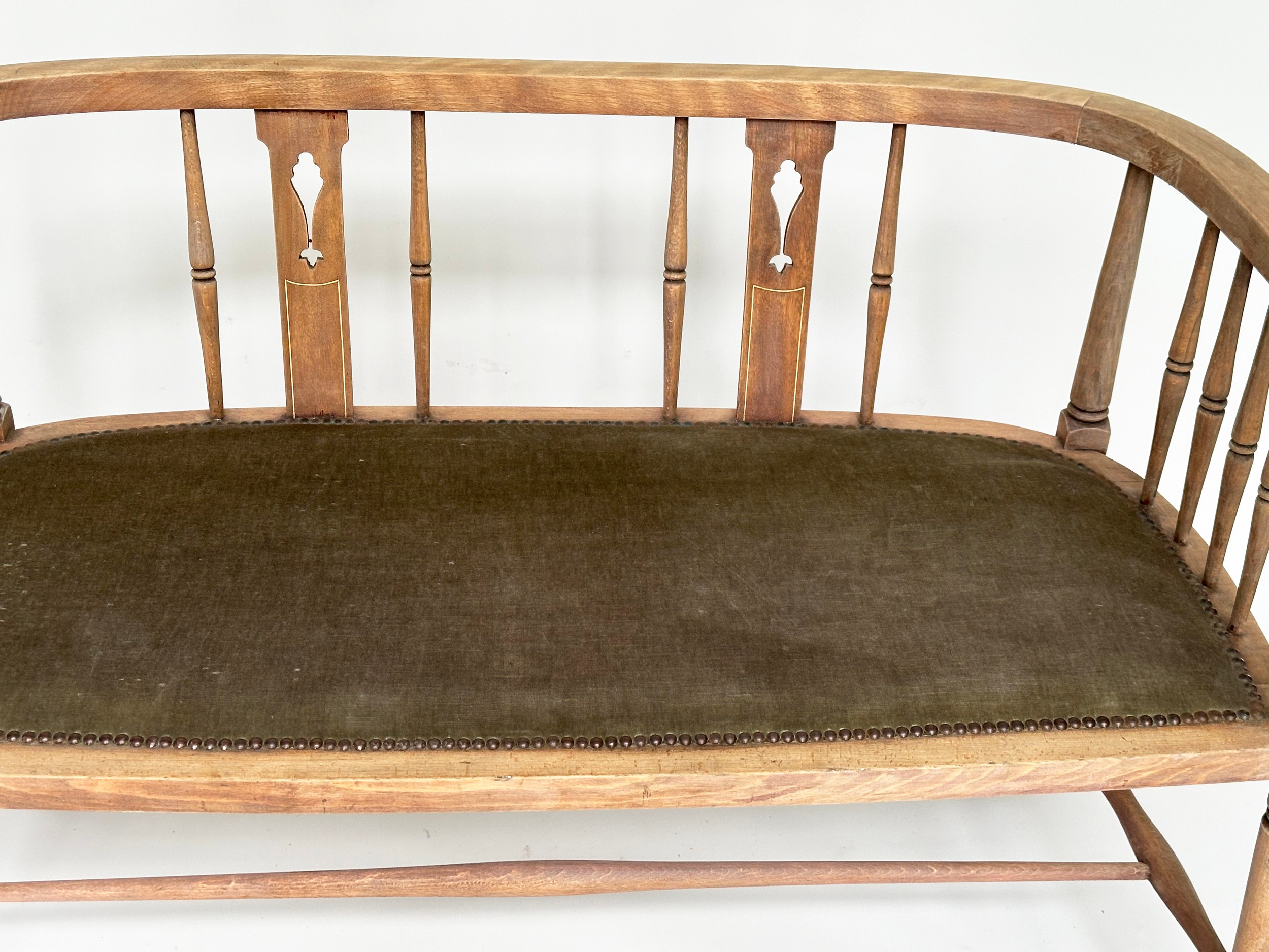 HALL SEAT, Edwardian fruitwood with studded upholstered seat and pierced splat back, 130cm W. - Image 6 of 7