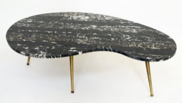 LOW TABLE, 1950s Italian pallet-shaped variegated grey/gold/white marble raised upon splay