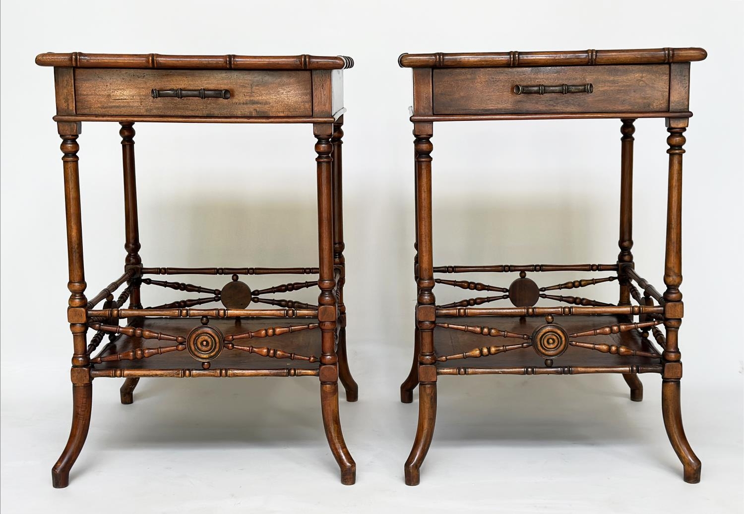THEODORE ALEXANDER LAMP TABLES, a pair, Regency style, tooled leather faux bamboo and turned - Image 11 of 11