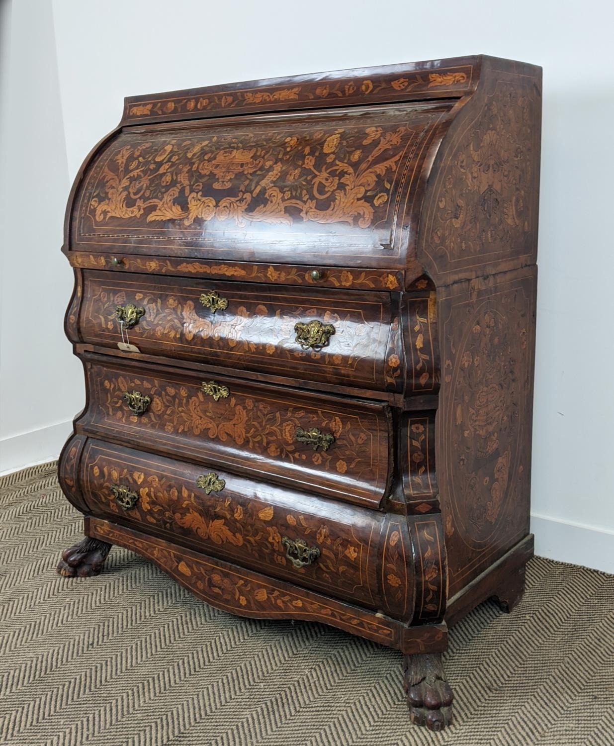 BOMBE CYLINDER BUREAU, 18th century Dutch walnut and marquetry with fall, fitted interior and pull - Image 2 of 10