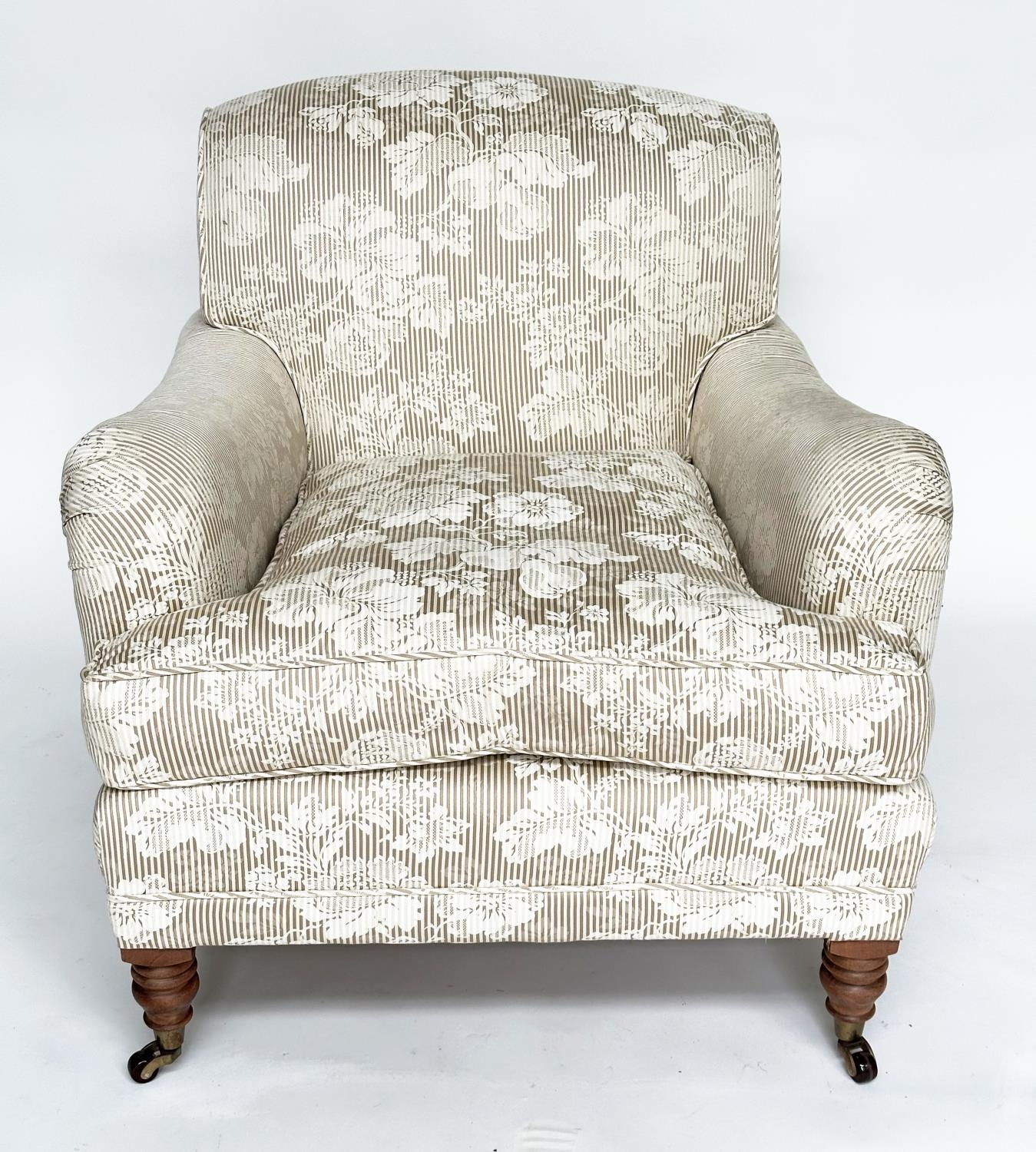 ARMCHAIRS, a pair, Howard style with floral and grey striped upholstery, 88cm W. (2) - Image 4 of 8