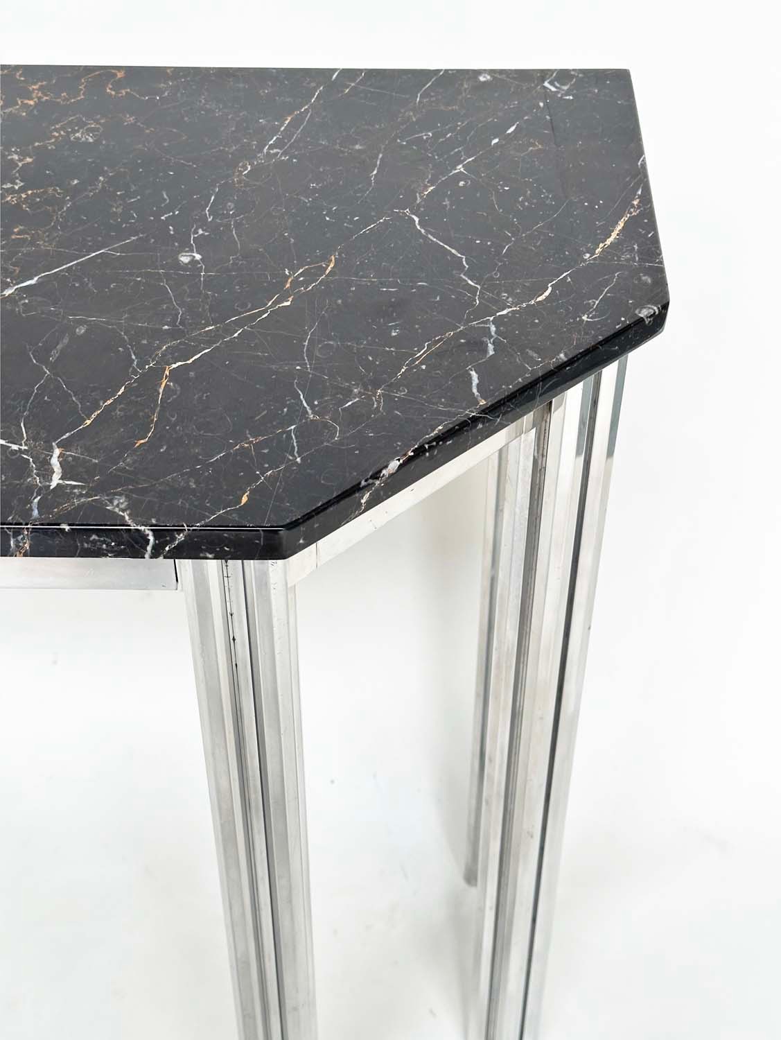 ATTRIBUTED TO ALBRIZZI CONSOLE TABLE, with canted marble and chrome solid cluster column supports, - Image 8 of 13