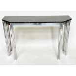 ATTRIBUTED TO ALBRIZZI CONSOLE TABLE, with canted marble and chrome solid cluster column supports,