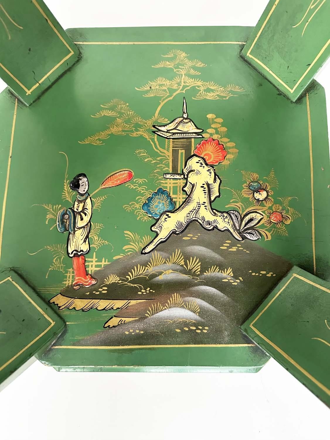OCCASIONAL TABLES, a pair, Art Deco period green polychrome and gilt Chinoiserie decorated each - Image 5 of 12