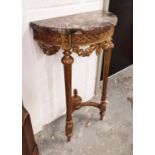 DEMI LUNE CONSOLE TABLE, French, circa 1880, with variegated marble top on carved giltwood base,