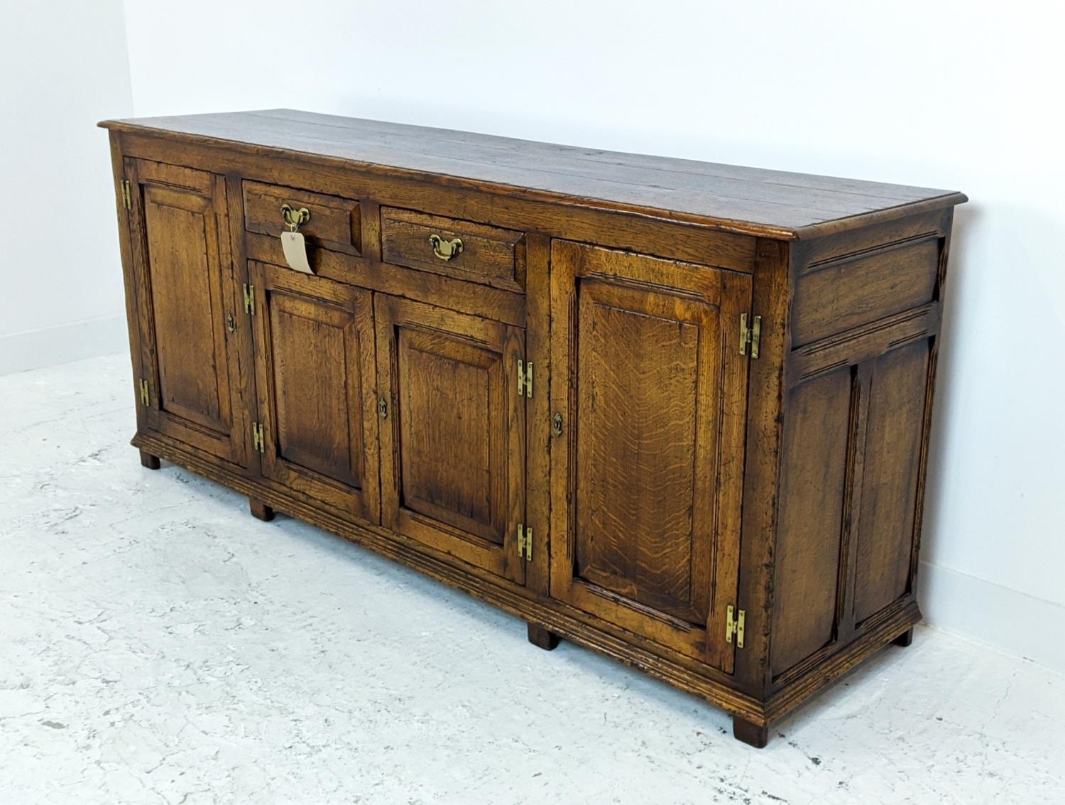SIDEBOARD, George III design oak, two frieze drawers above four panel doors, 83cm H x 190cm x 50cm. - Image 4 of 8