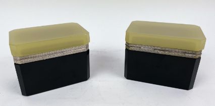 MURANO CASKETS, a pair, mid century Cenedese opaline black and cream glass with nickel plated