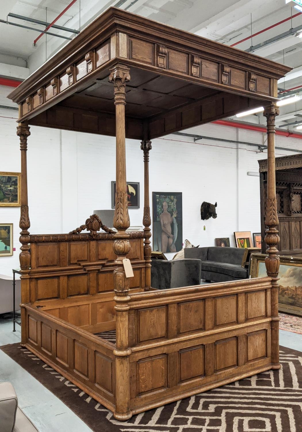 FOUR POSTER BED, late 19th/early 20th century Continental oak, rectangular canopy above four