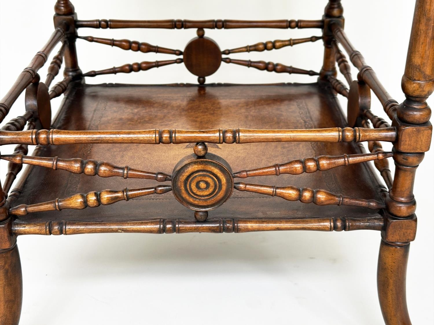 THEODORE ALEXANDER LAMP TABLES, a pair, Regency style, tooled leather faux bamboo and turned - Image 7 of 11