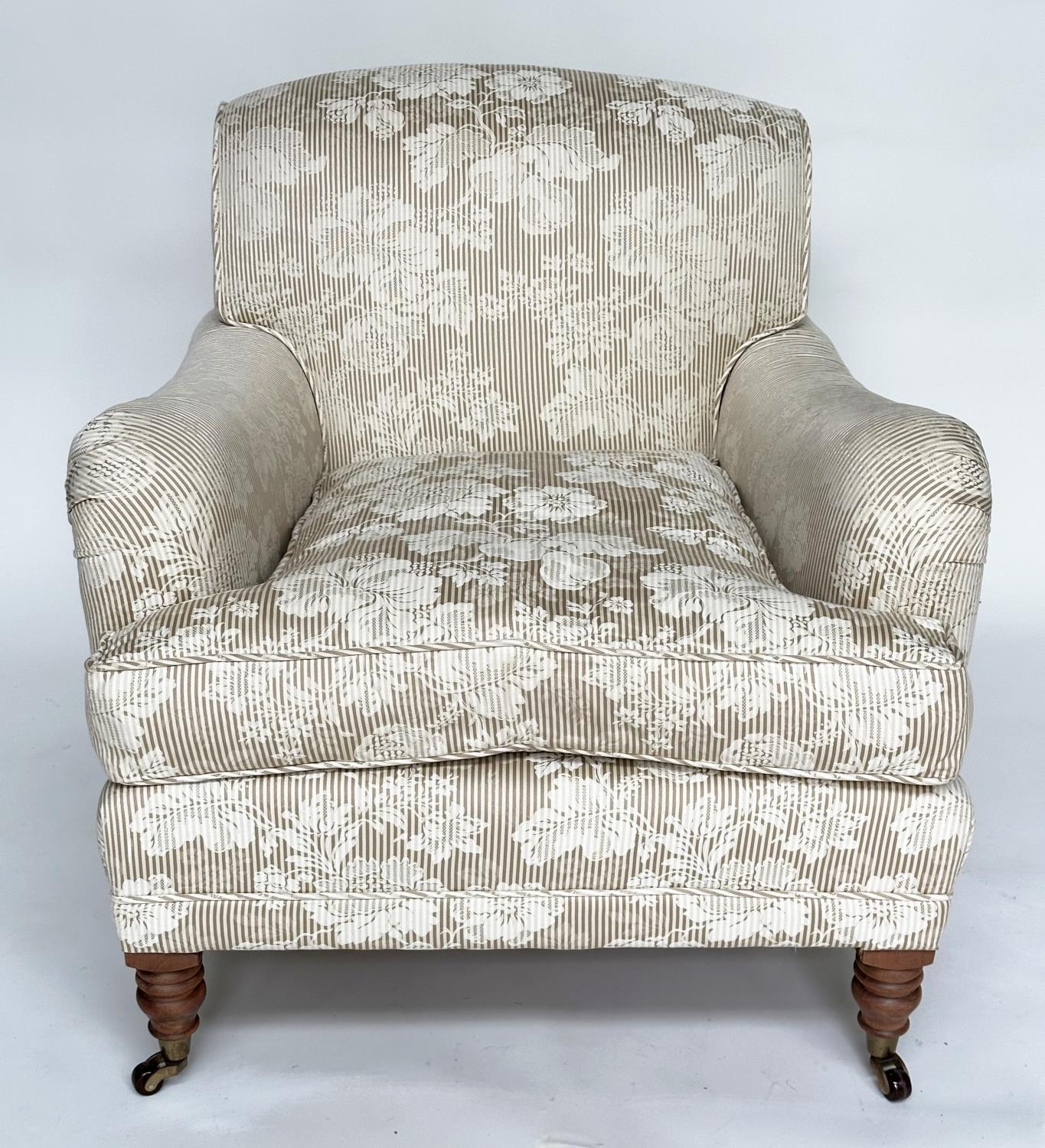 ARMCHAIRS, a pair, Howard style with floral and grey striped upholstery, 88cm W. (2) - Image 7 of 8