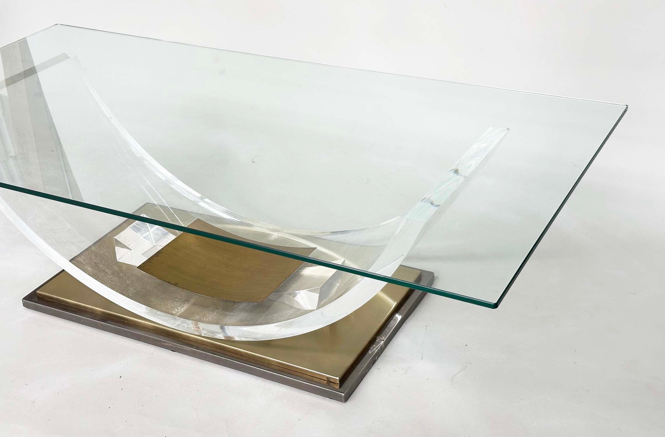 BELGO CHROME LUCITE LOW TABLE, rectangular glazed on curved lucite support and gilt metal base, - Image 6 of 6