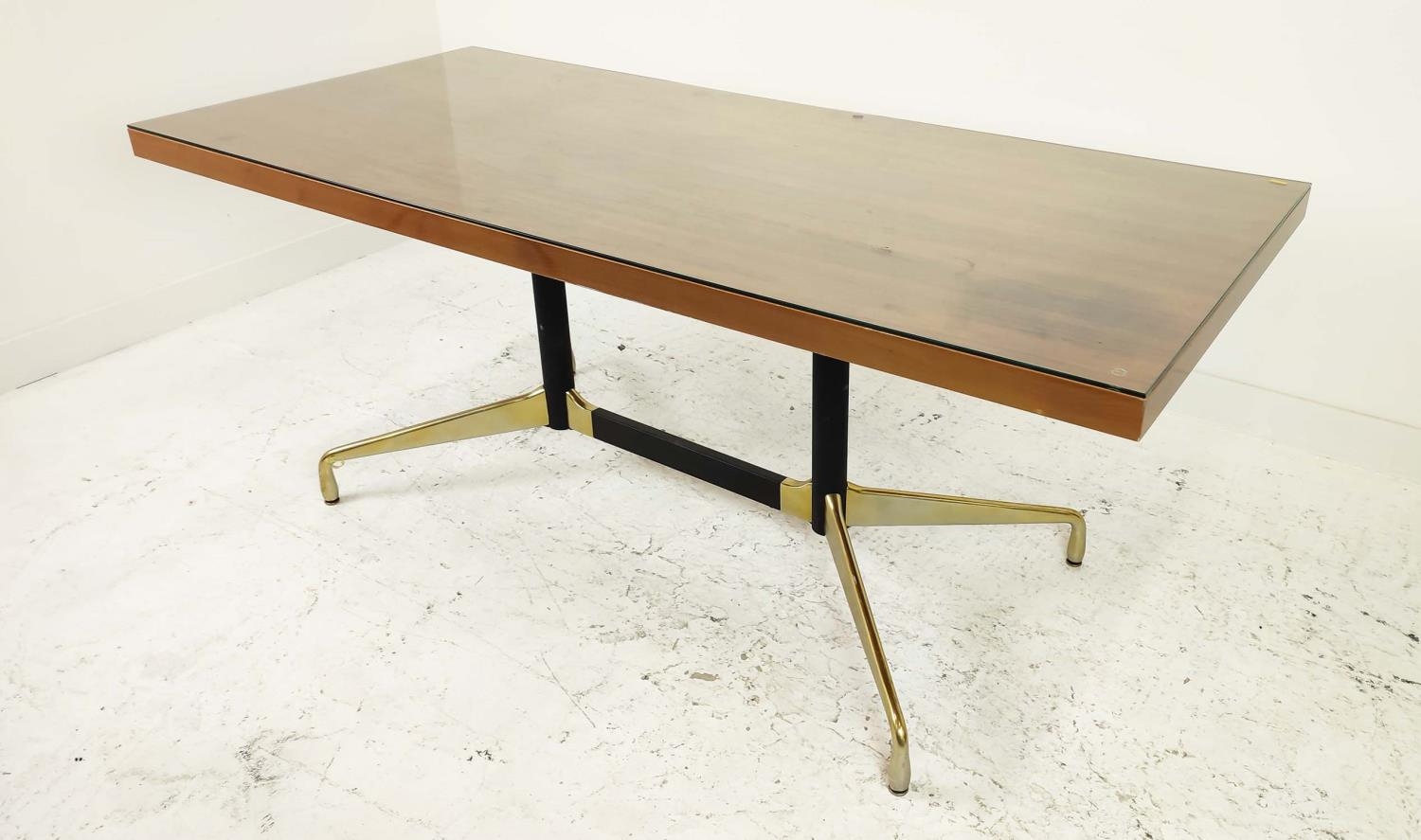 CHARLES AND RAY EAMES STYLE DINING TABLE, rectangular form, raised on a black metal and brass twin - Image 6 of 11