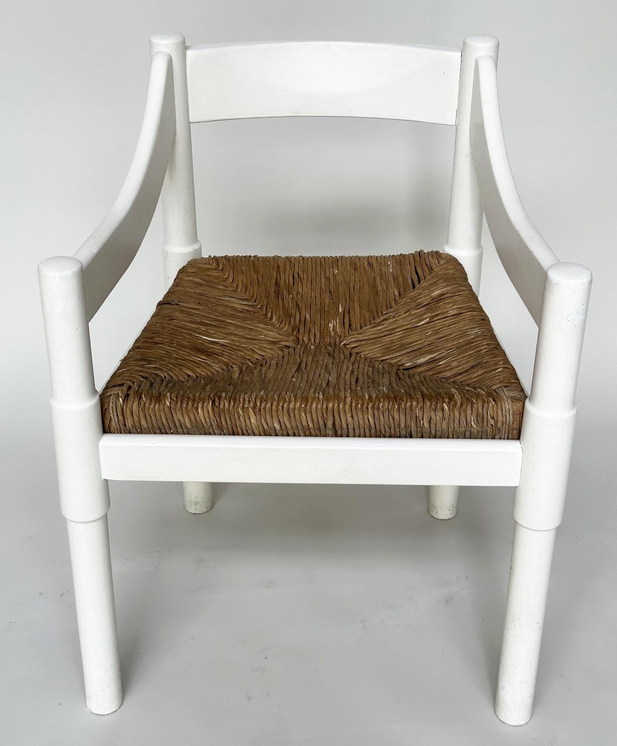 ATTRIBUTED TO VICO MAGISTRETTI CARIMATE CHAIRS, a set of six, white with rush seats. (6) - Image 9 of 13