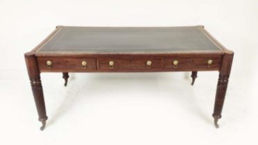 LIBRARY TABLE, Regency mahogany with three drawers to each side, inset tooled leather writing