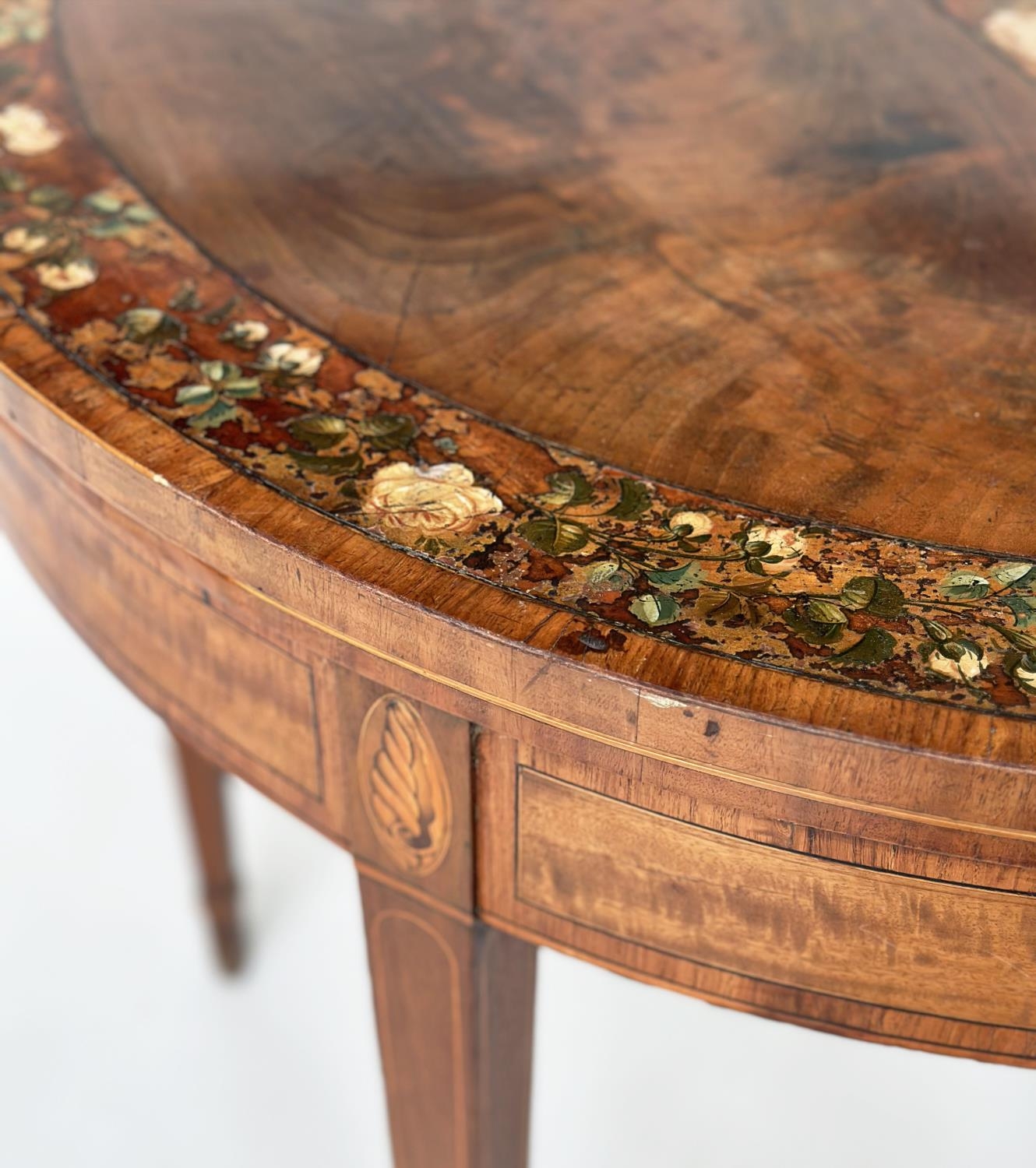 CARD TABLE, George III flame mahogany demi lune polychrome floral painted satinwood crossbanded, - Image 11 of 14