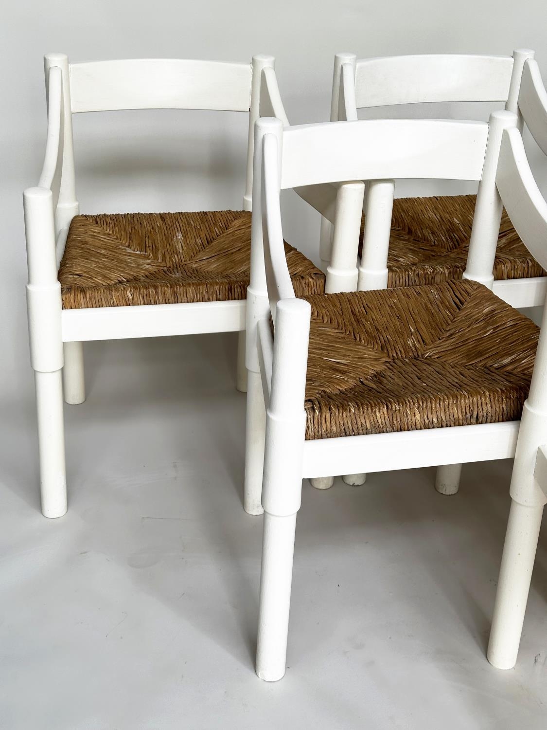 ATTRIBUTED TO VICO MAGISTRETTI CARIMATE CHAIRS, a set of six, white with rush seats. (6) - Image 3 of 13