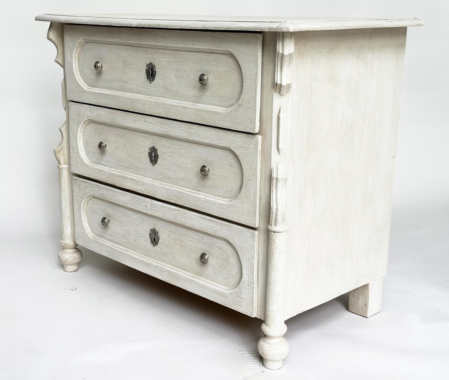 COMMODE, 19th century French traditionally grey painted with three long drawers and turned supports, - Image 10 of 10