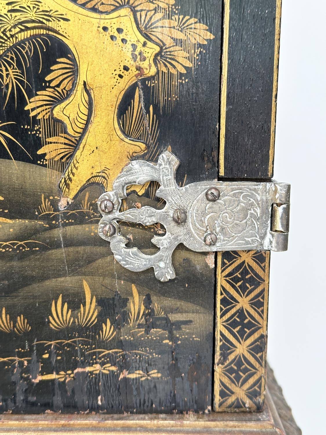 CABINET ON STAND, early 20th century English lacquered and gilt chinoiserie decorated, silvered - Image 3 of 11