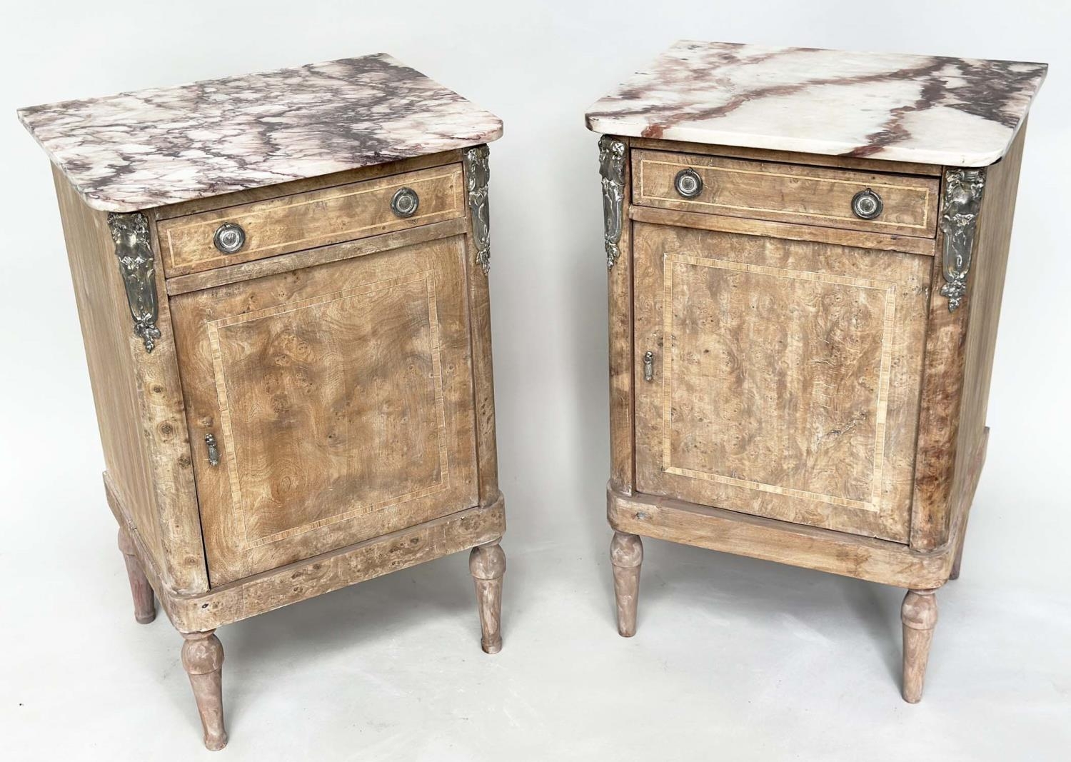 TABLES DE NUIT, a pair, 19th century French walnut and silvered metal mounted each with breche - Image 2 of 9